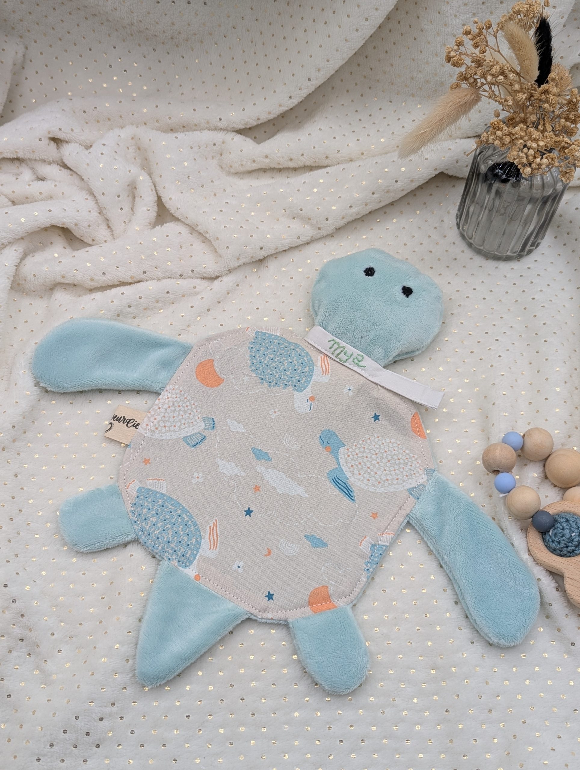 Doudou tortue vert d'eau
