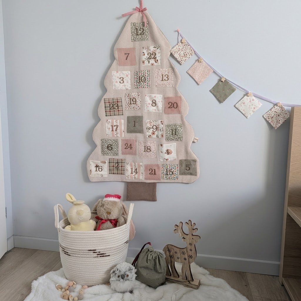 Calendrier de l'Avent mural en tissu clair en forme de sapin avec 24 poches numérotées, suspendu dans une chambre d'enfant. Panier en corde avec doudous et guirlande assortie.
