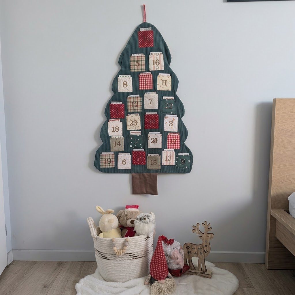 Grand calendrier de l'Avent mural en tissu vert foncé en forme de sapin avec poches numérotées aux motifs de Noël. Ambiance de chambre d'enfant avec corbeille de peluches, gnome rouge et renne en bois.